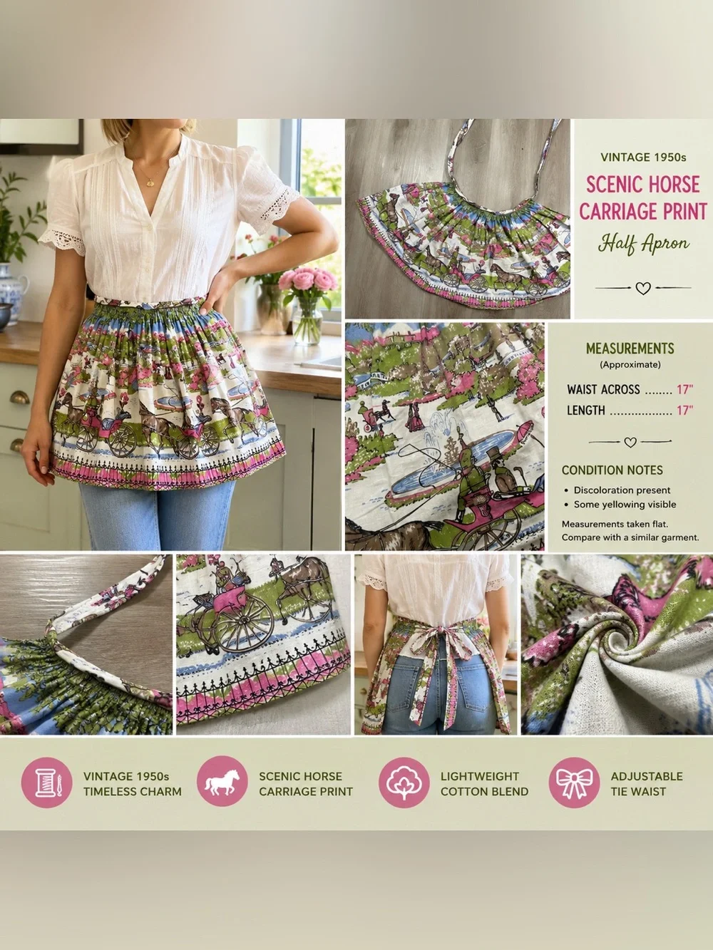 Vintage 1950s Half Apron Scenic Horse Carriage Print Pink Green 17x17